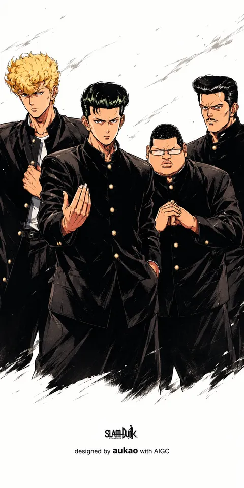 Four friends: a brushwork study. A portrait-format character illustration in the Slam Dunk collection.