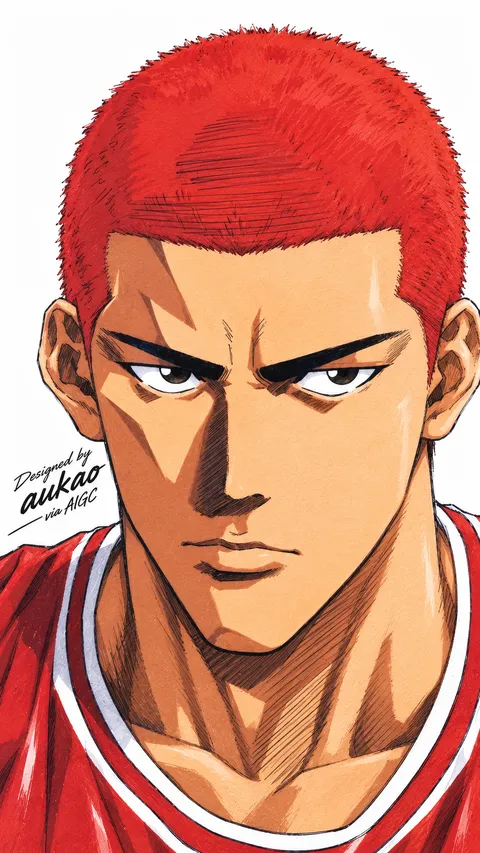 A red-haired Shohoku basketball player looks straight ahead with a determined expression. His red jersey and close-cropped hair stand out against the light background.