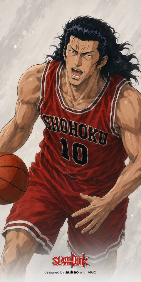 Long-haired number 10: seated on court. A portrait-format character illustration in the Slam Dunk collection.