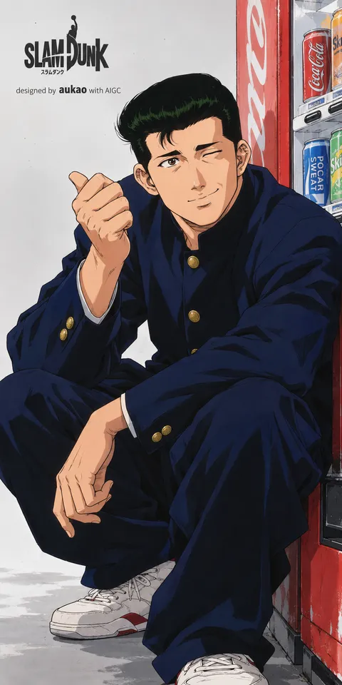 School-uniform portrait: a moment on the steps. A portrait-format character illustration in the Slam Dunk collection.
