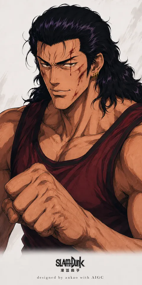 Maroon tank top: clasped hands. A portrait-format character illustration in the Slam Dunk collection.