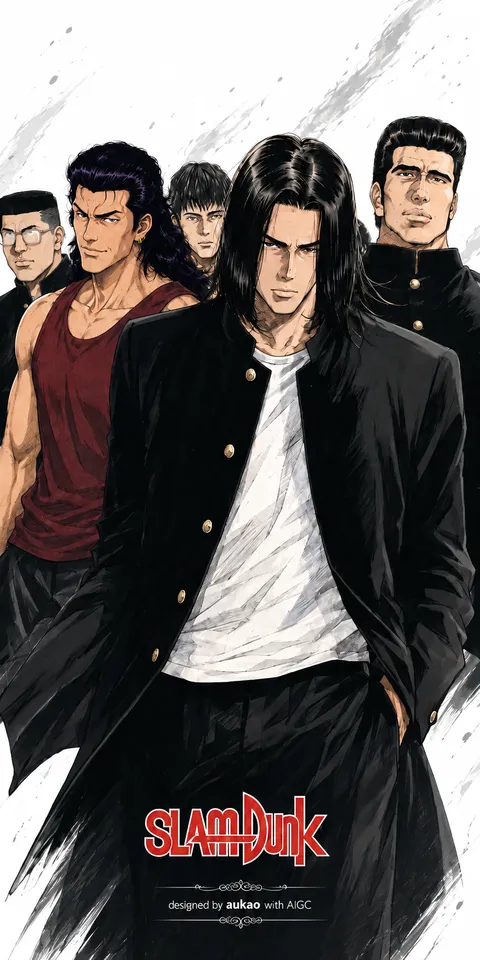 School-uniform group: long-haired leader. A portrait-format character illustration in the Slam Dunk collection.