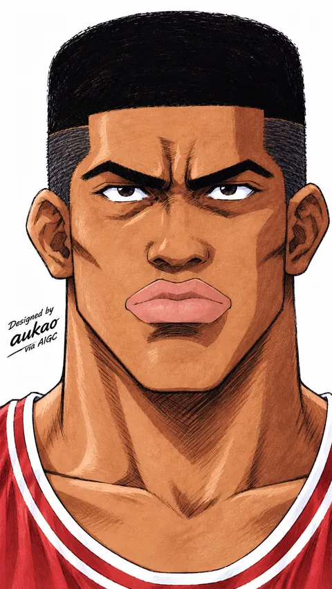 A broad-shouldered Shohoku basketball player faces forward with a stern expression. His flat-top haircut and red jersey create a bold, graphic silhouette.