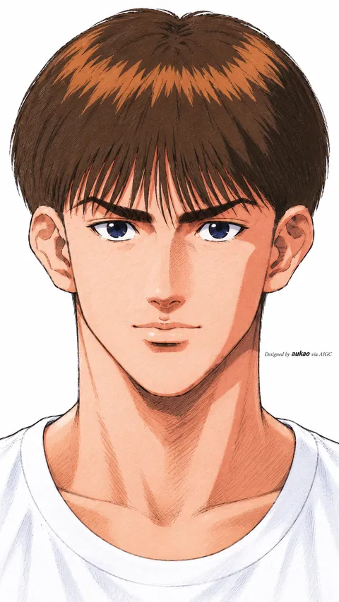 Brown-haired player: white practice shirt. A portrait-format character illustration in the Slam Dunk collection.