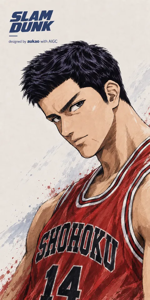 Shohoku number 14: painted portrait. A portrait-format character illustration in the Slam Dunk collection.