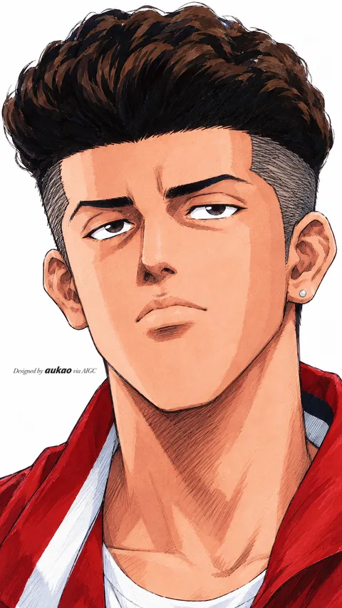 Curly-haired player: red jersey portrait. A portrait-format character illustration in the Slam Dunk collection.