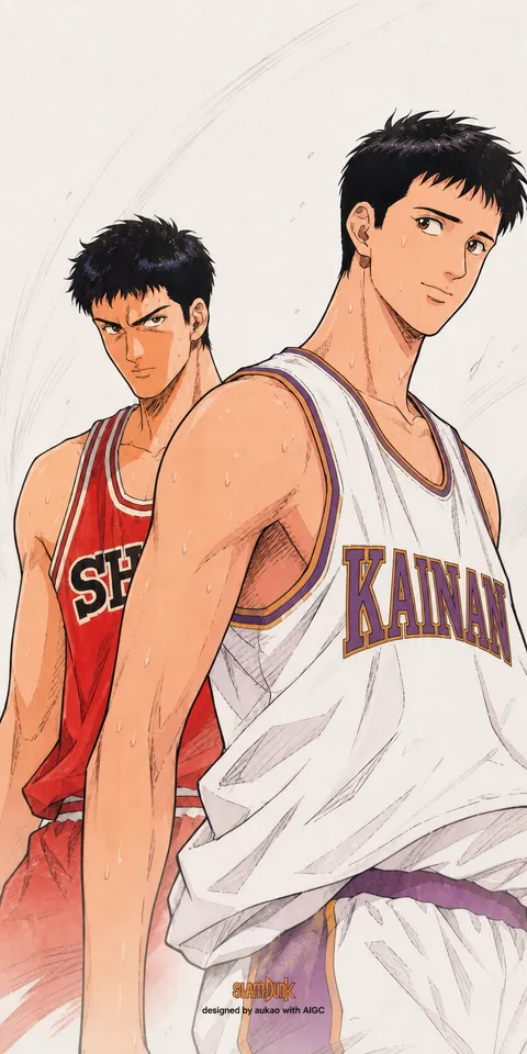 Kainan and Shohoku: standing together. A portrait-format character illustration in the Slam Dunk collection.