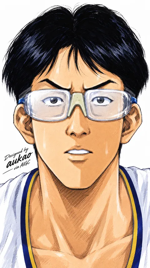Glasses and white jersey: surprised expression. A portrait-format character illustration in the Slam Dunk collection.