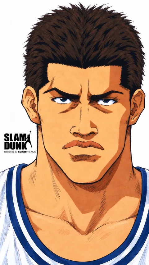 Blue-jersey player: determined expression. A portrait-format character illustration in the Slam Dunk collection.
