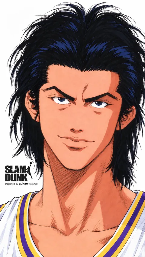 Long-haired Kainan player: confident smile. A portrait-format character illustration in the Slam Dunk collection.