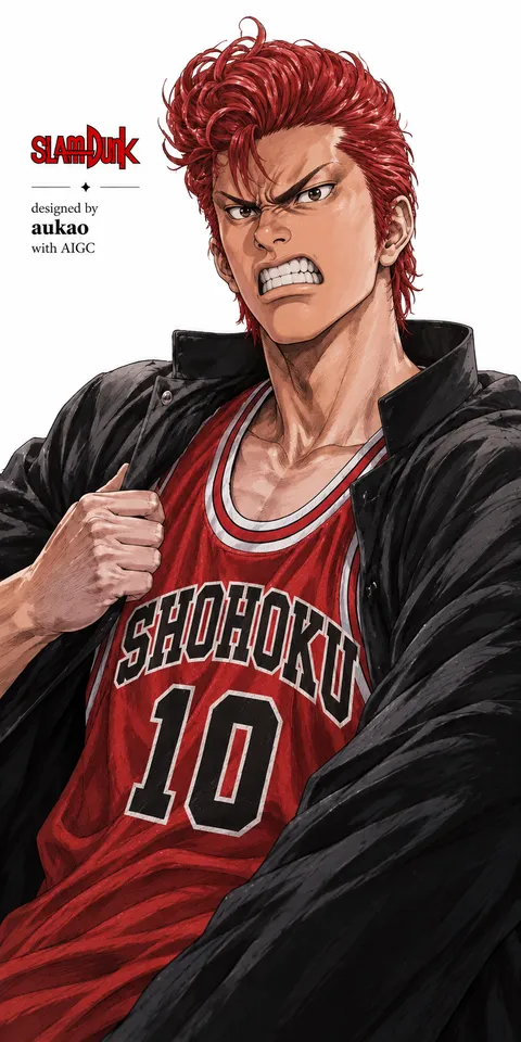 Shohoku number 10: jacket over jersey. A portrait-format character illustration in the Slam Dunk collection.
