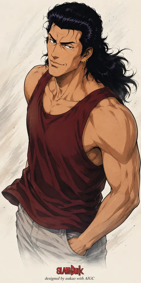 Long-haired player: maroon tank top. A portrait-format character illustration in the Slam Dunk collection.