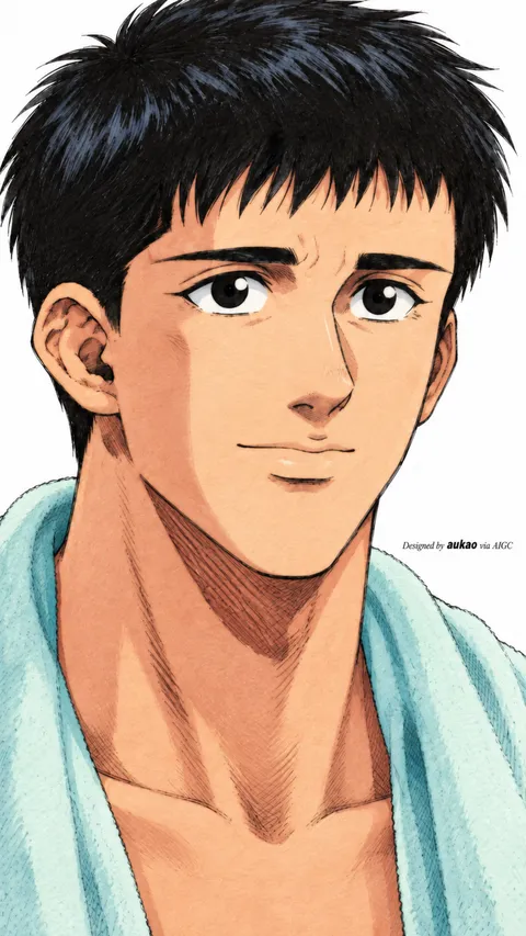 Short-haired player: towel after practice. A portrait-format character illustration in the Slam Dunk collection.