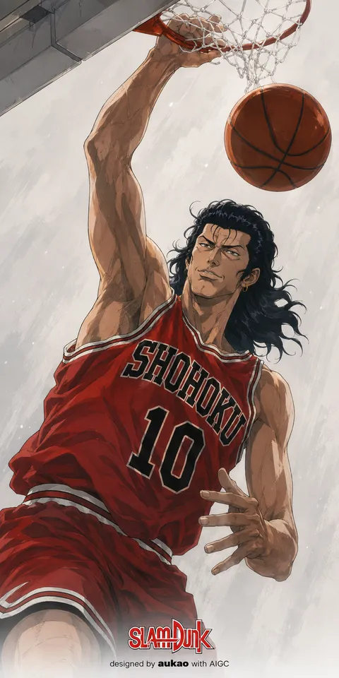 Long-haired number 10: driving with the ball. A portrait-format character illustration in the Slam Dunk collection.