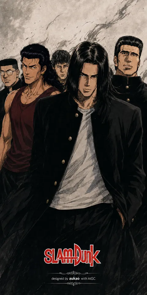 School-uniform group: a painted study. A portrait-format character illustration in the Slam Dunk collection.