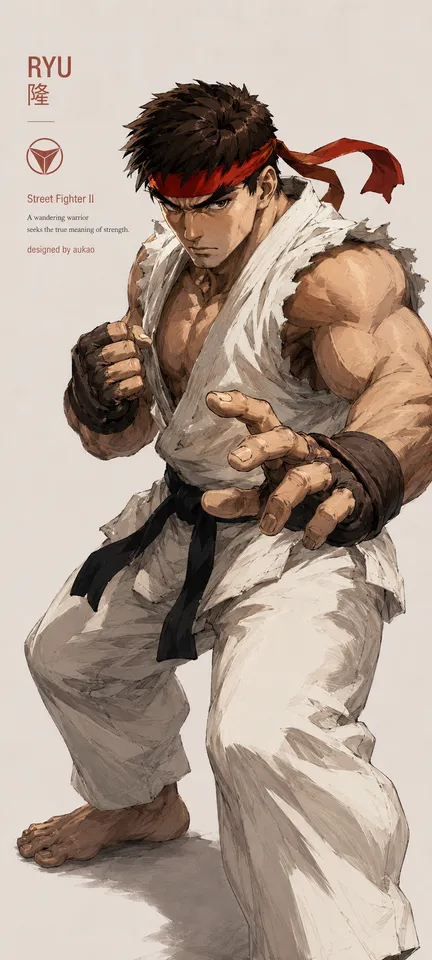 An AI-assisted portrait-format anime character illustration in the Street Fighter collection. Artwork 019 from the AUKAO visual archive.