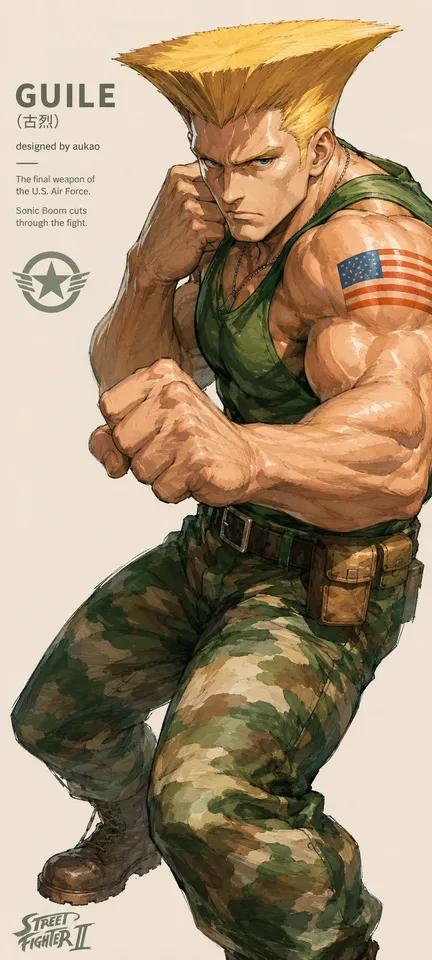 An AI-assisted portrait-format anime character illustration in the Street Fighter collection. Artwork 004 from the AUKAO visual archive.