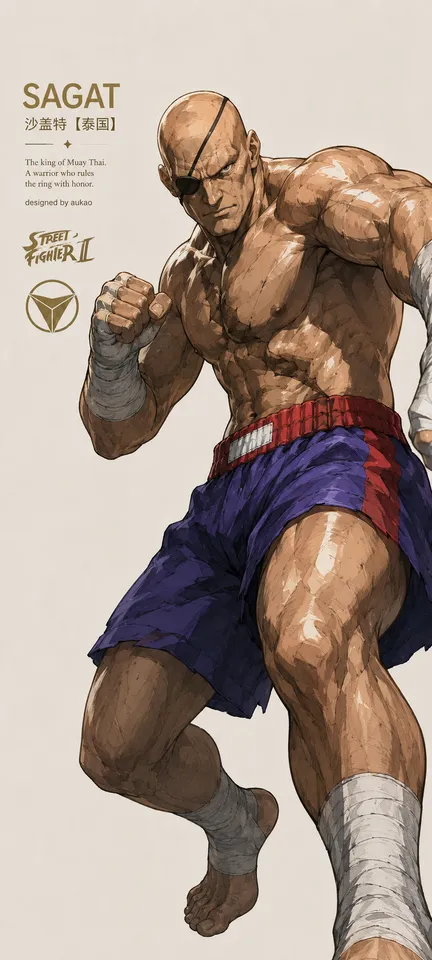 An AI-assisted portrait-format anime character illustration in the Street Fighter collection. Artwork 009 from the AUKAO visual archive.