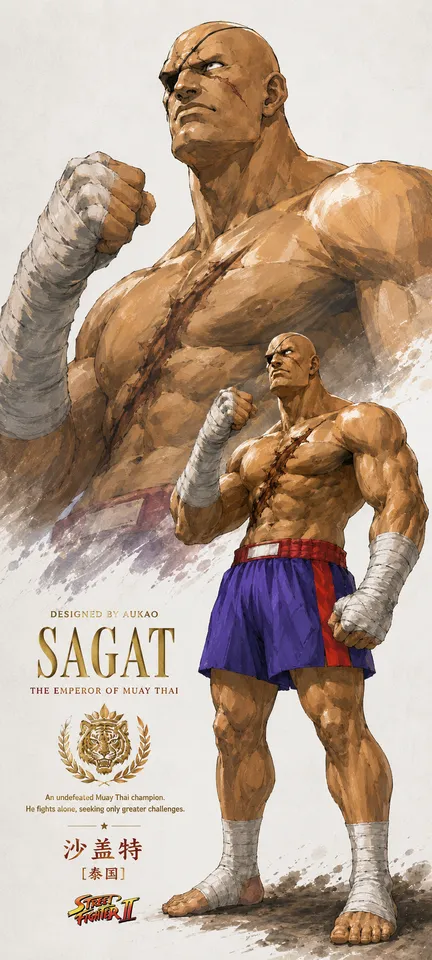 An AI-assisted portrait-format anime character illustration in the Street Fighter collection. Artwork 010 from the AUKAO visual archive.