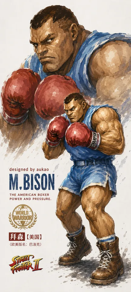 An AI-assisted portrait-format anime character illustration in the Street Fighter collection. Artwork 006 from the AUKAO visual archive.