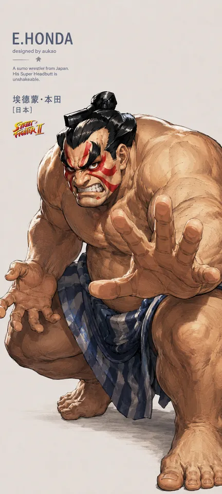 An AI-assisted portrait-format anime character illustration in the Street Fighter collection. Artwork 016 from the AUKAO visual archive.