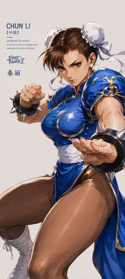 An AI-assisted portrait-format anime character illustration in the Street Fighter collection. Artwork 013 from the AUKAO visual archive.