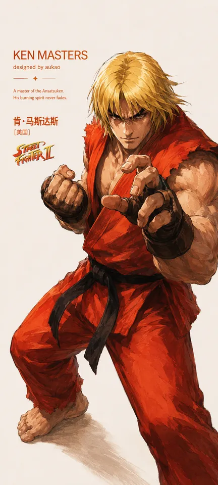An AI-assisted portrait-format anime character illustration in the Street Fighter collection. Artwork 015 from the AUKAO visual archive.