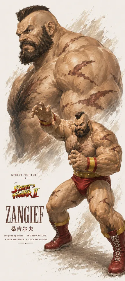 An AI-assisted portrait-format anime character illustration in the Street Fighter collection. Artwork 002 from the AUKAO visual archive.