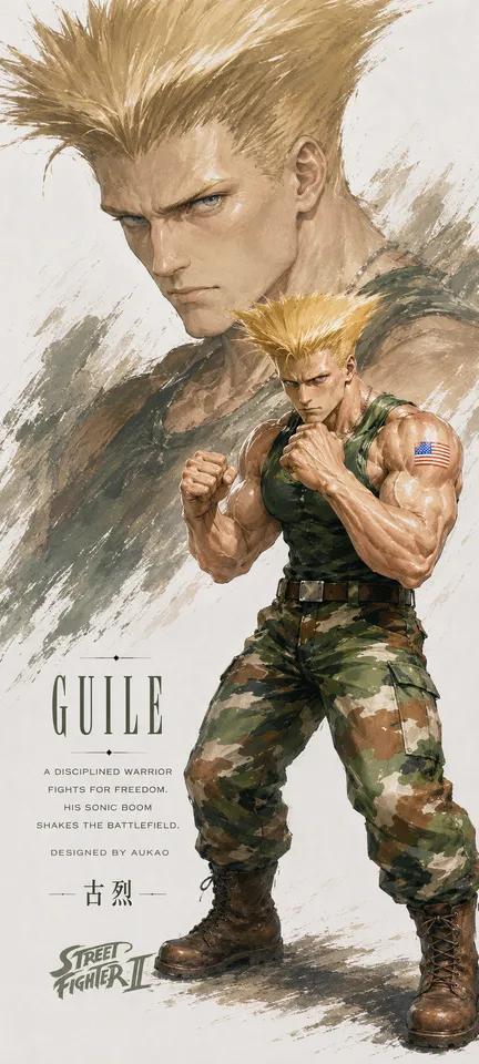 An AI-assisted portrait-format anime character illustration in the Street Fighter collection. Artwork 003 from the AUKAO visual archive.