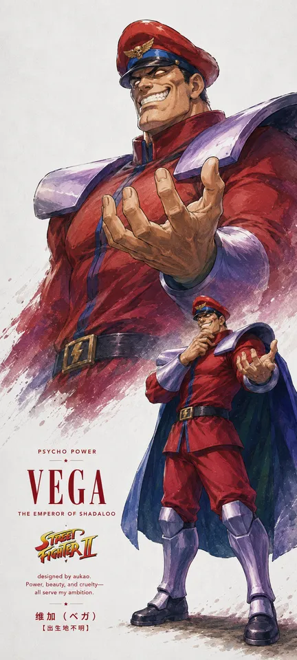 An AI-assisted portrait-format anime character illustration in the Street Fighter collection. Artwork 012 from the AUKAO visual archive.