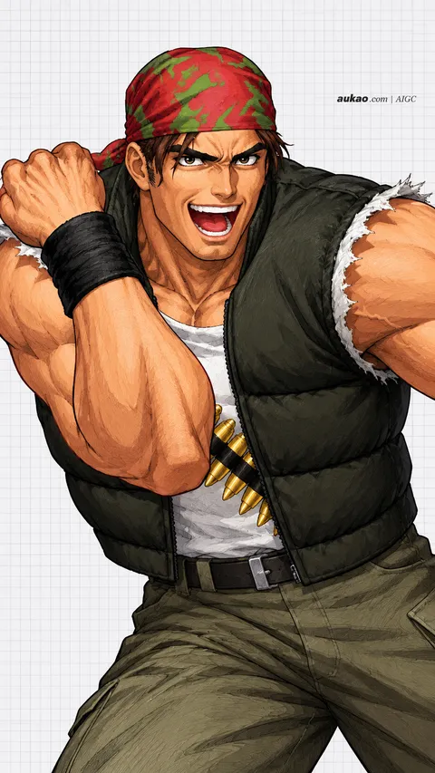 Ralf Jones / 拉尔夫·琼斯 / ラルフ・ジョーンズ. AI-generated fan art inspired by The King of Fighters '97 / 拳皇97 / ザ・キング・オブ・ファイターズ'97. AUKAO character study 49741f7b.