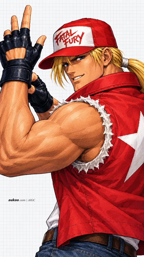 Terry Bogard / 特瑞·博加德 / テリー・ボガード. AI-generated fan art inspired by The King of Fighters '97 / 拳皇97 / ザ・キング・オブ・ファイターズ'97. AUKAO character study 4f464129.