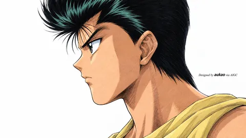 An AI-assisted landscape-format anime character illustration in the Yu Yu Hakusho collection. Artwork 017 from the AUKAO visual archive.