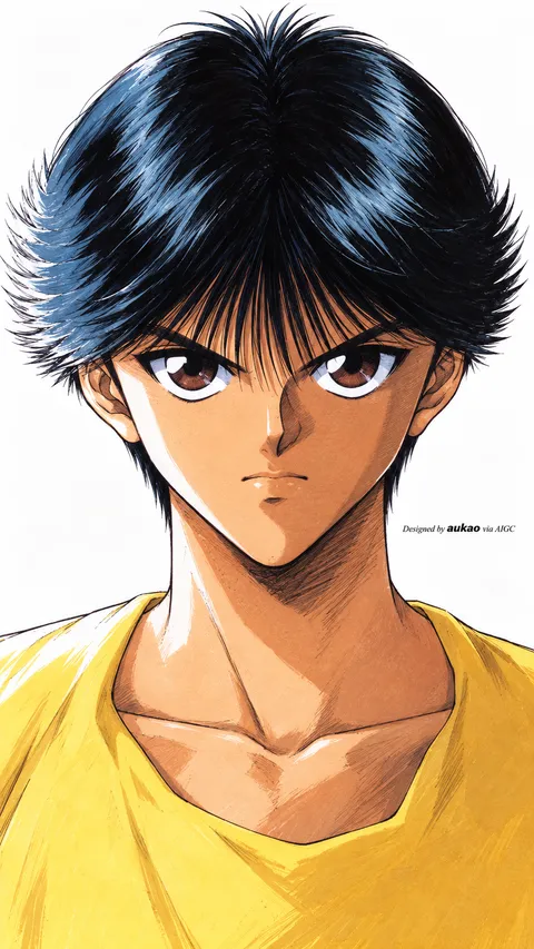An AI-assisted portrait-format anime character illustration in the Yu Yu Hakusho collection. Artwork 035 from the AUKAO visual archive.