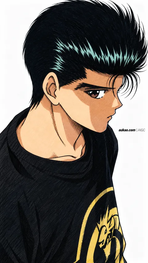 An AI-assisted portrait-format anime character illustration in the Yu Yu Hakusho collection. Artwork 032 from the AUKAO visual archive.