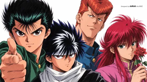 An AI-assisted landscape-format anime character illustration in the Yu Yu Hakusho collection. Artwork 011 from the AUKAO visual archive.