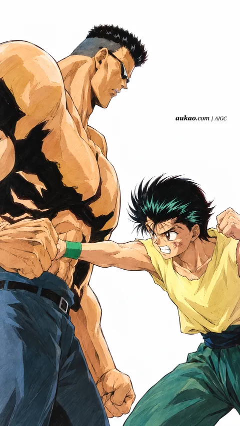 An AI-assisted portrait-format anime character illustration in the Yu Yu Hakusho collection. Artwork 002 from the AUKAO visual archive.