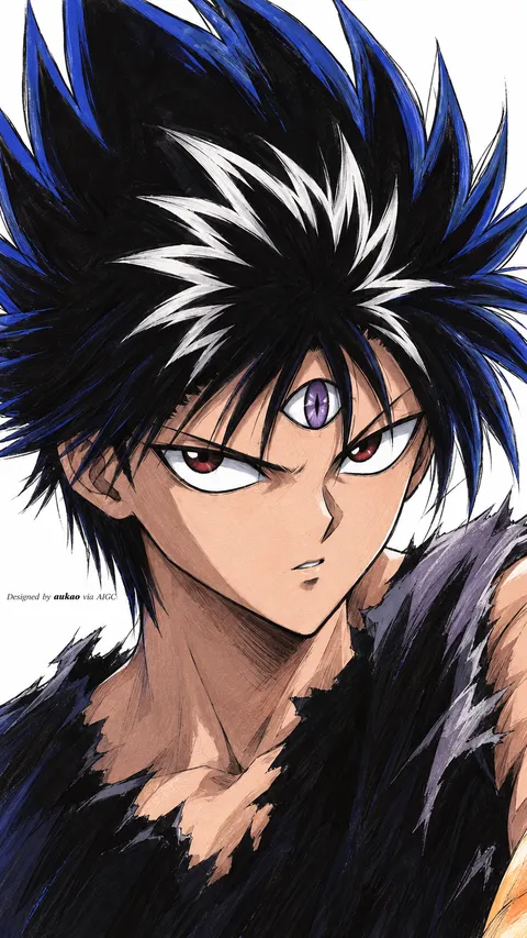 An AI-assisted portrait-format anime character illustration in the Yu Yu Hakusho collection. Artwork 010 from the AUKAO visual archive.