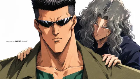 An AI-assisted landscape-format anime character illustration in the Yu Yu Hakusho collection. Artwork 005 from the AUKAO visual archive.