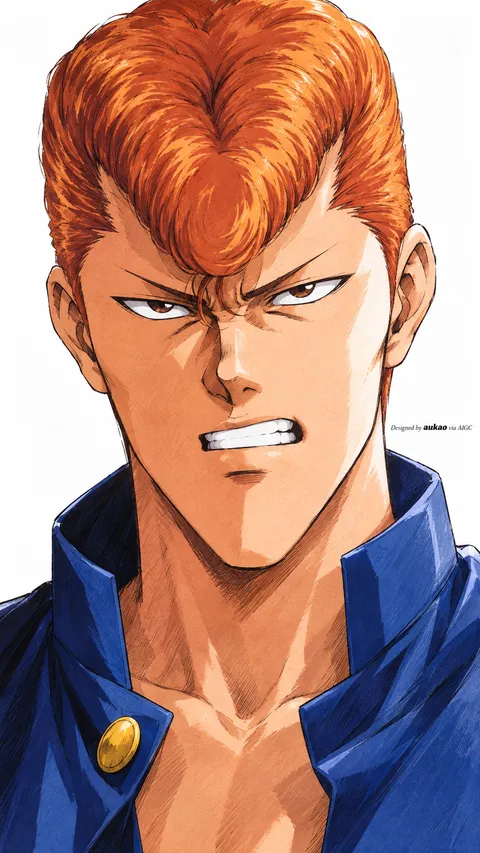 An AI-assisted portrait-format anime character illustration in the Yu Yu Hakusho collection. Artwork 015 from the AUKAO visual archive.