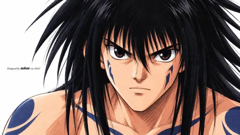 An AI-assisted landscape-format anime character illustration in the Yu Yu Hakusho collection. Artwork 012 from the AUKAO visual archive.