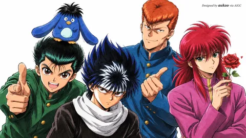 An AI-assisted landscape-format anime character illustration in the Yu Yu Hakusho collection. Artwork 043 from the AUKAO visual archive.
